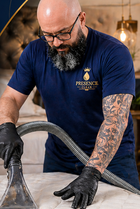 Técnico da Presence Clean fazendo higienização de sofá e limpeza de estofados em São Paulo